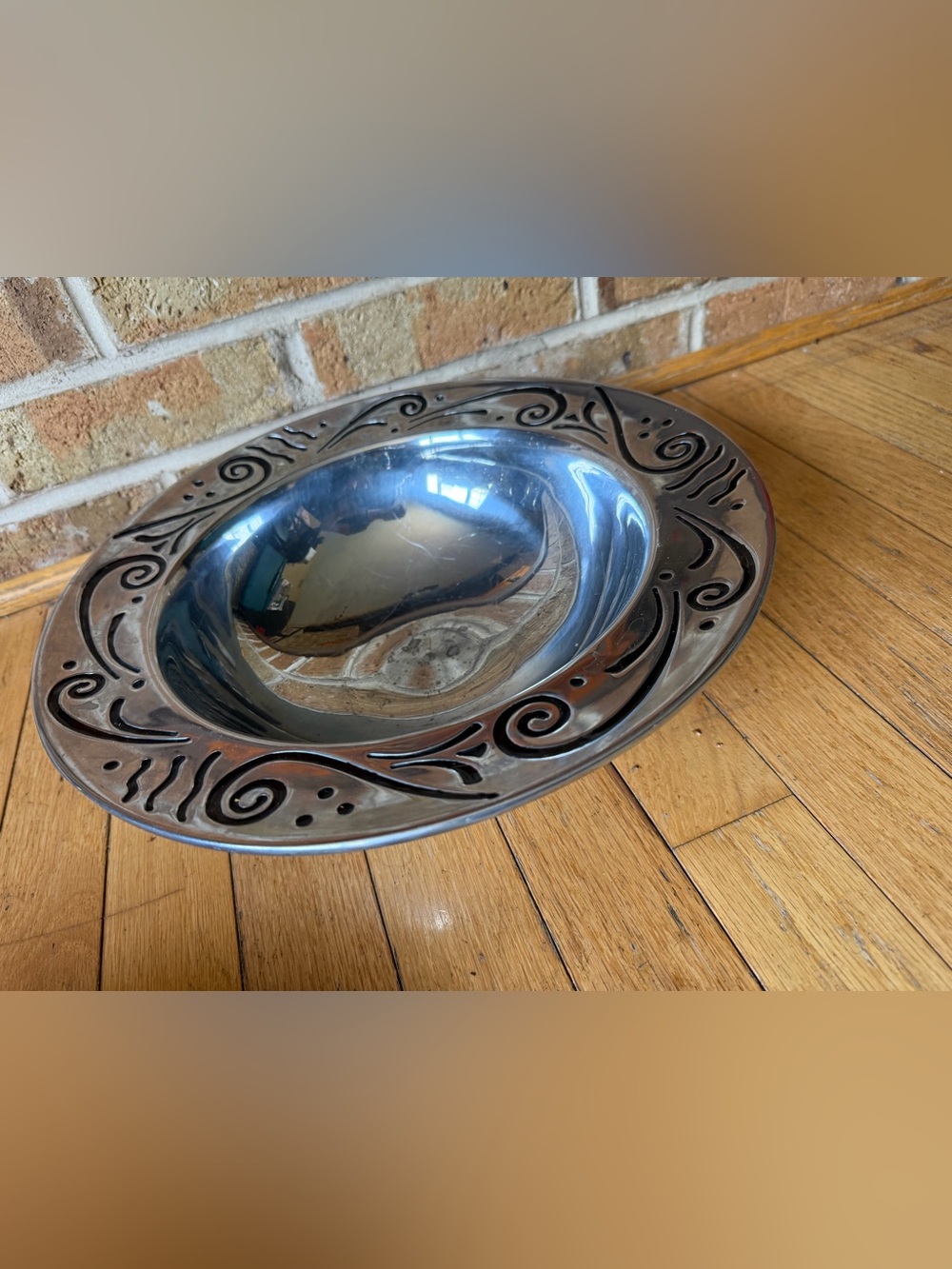 12.75” Lenox Spyro Black Design Silver Metal Bowl Serveware Salad Serving Bowl
